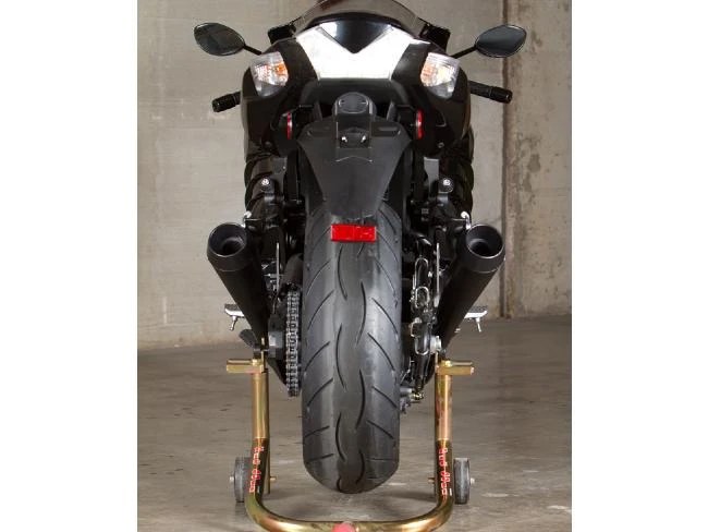 M4 Performance Exhausts M4 Black Retro-Drag Slip On Kawasaki ZX-14 (12-25), front view of a Kawasaki ZX-14 motorcycle showcasing the black retro-drag slip-on exhaust system installed on the bike.
