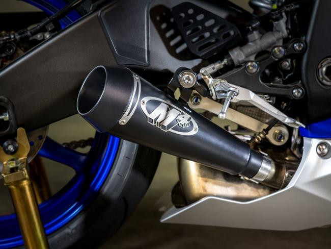 M4 Performance Exhausts M4 GP Black Slip On Exhaust Yamaha YZF-R6 (06-20), black motorcycle exhaust with logo close-up
