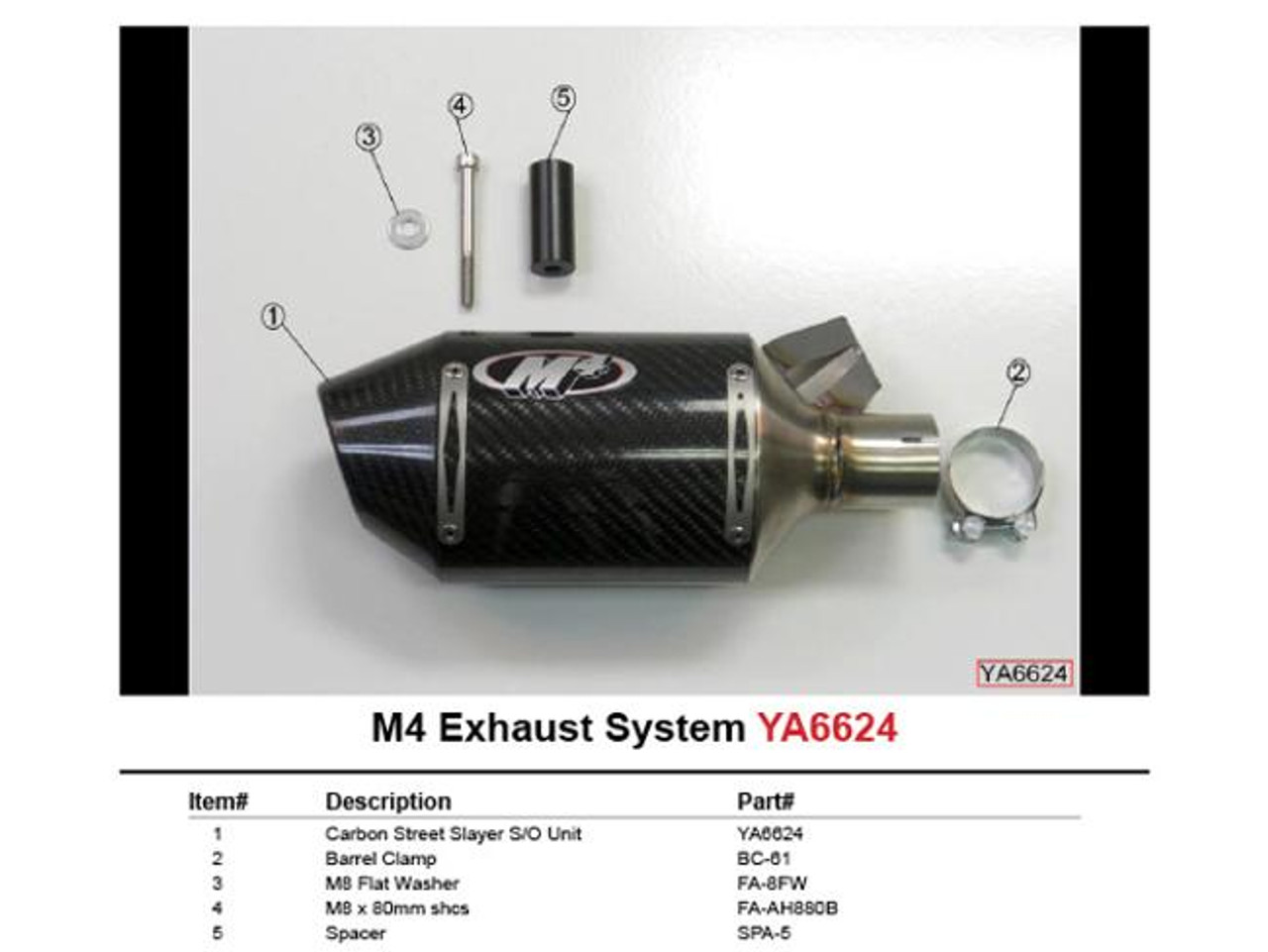 M4 Performance Exhausts M4 Carbon Fiber Street Slayer Slip-On Yamaha YZF-R6 (06-20), image showing the exhaust system with labeled components including the carbon fiber unit, barrel clamp, flat washer, M8 x 80mm screw, and spacer.