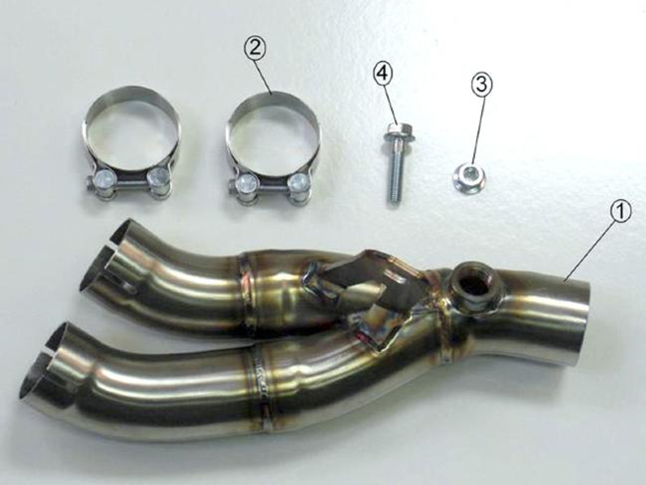 M4 Performance Exhausts Muffler Box Eliminator Kit for Yamaha YZF-R6 (06-20), metal exhaust pipe components with clamps, bolt, and washer. M4 Performance Exhausts Muffler Box Eliminator Kit for Yamaha YZF-R6 (06-20), metal exhaust pipe components with clamps, bolt, and washer.