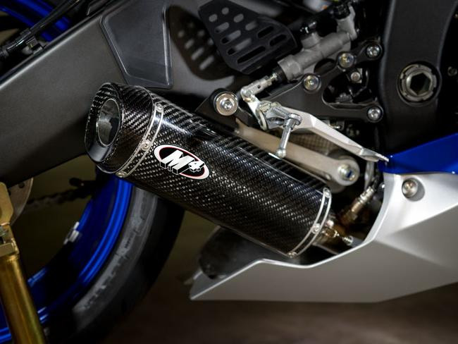 M4 Performance Exhausts M4 Carbon Fiber Canister Full System Yamaha YZF-R6 (06-20) Full Titanium, motorcycle exhaust system with carbon fiber canister installed on Yamaha YZF-R6 motorcycle.