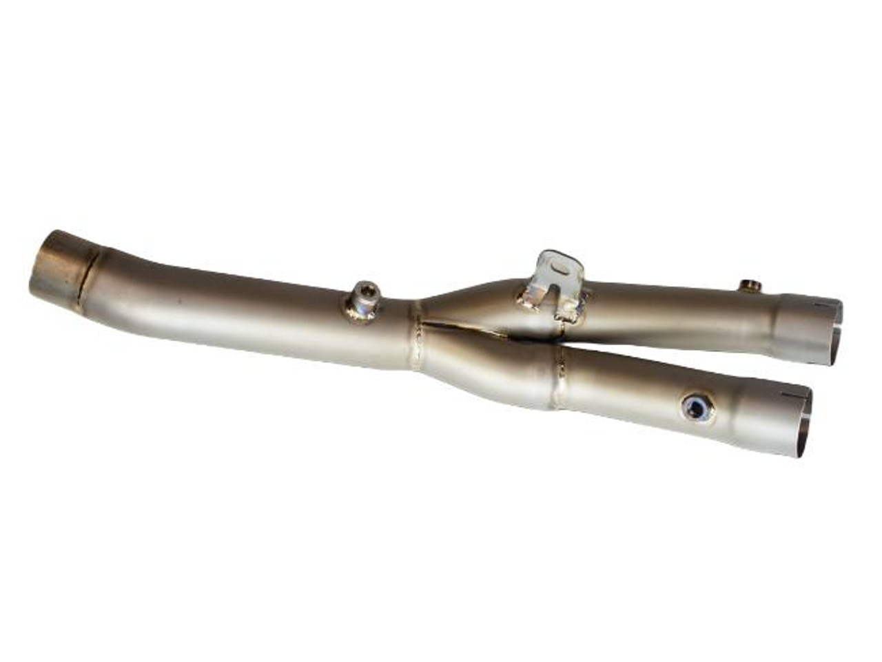 M4 Performance Exhausts M4 Titanium Catalytic Converter Eliminator Kit Yamaha YZF-R1 (15-24), motorcycle exhaust pipe made of titanium with dual pipes and mounting bracket.