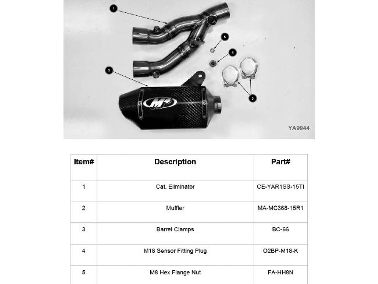 M4 Performance Exhausts M4 Street Slayer Carbon Exhaust Yamaha YZF-R1 (15-24), image showing the exhaust system components including the carbon muffler, pipes, and mounting hardware.