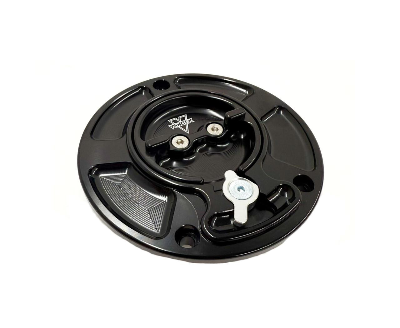 Vortex Gas Caps, black motorcycle gas cap with mounting screws and locking mechanism.