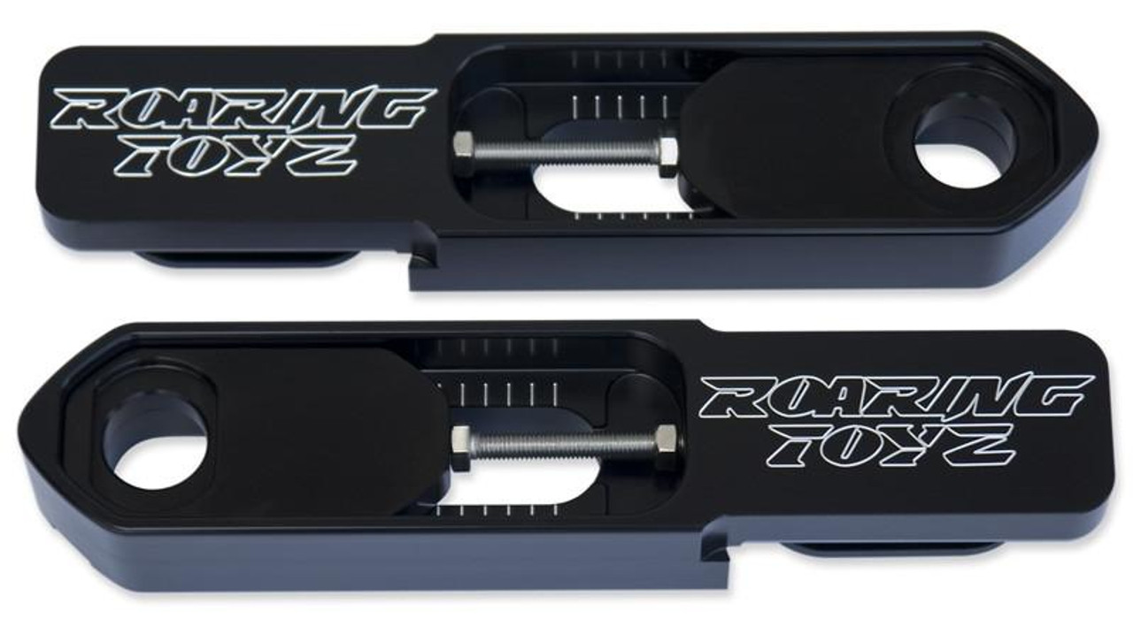 Roaring Toyz Bolt-On Swingarm Extensions Suzuki Hayabusa (99-25), black metal extensions for customizing motorcycle stability and appearance.