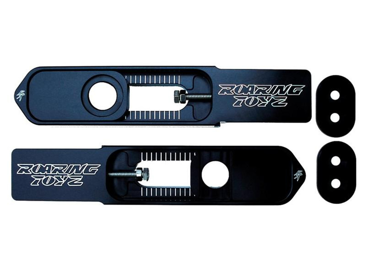 Roaring Toyz Bolt-On Swingarm Extensions Suzuki Hayabusa (99-25), black anodized bike parts with mounting hardware for motorcycle customization.