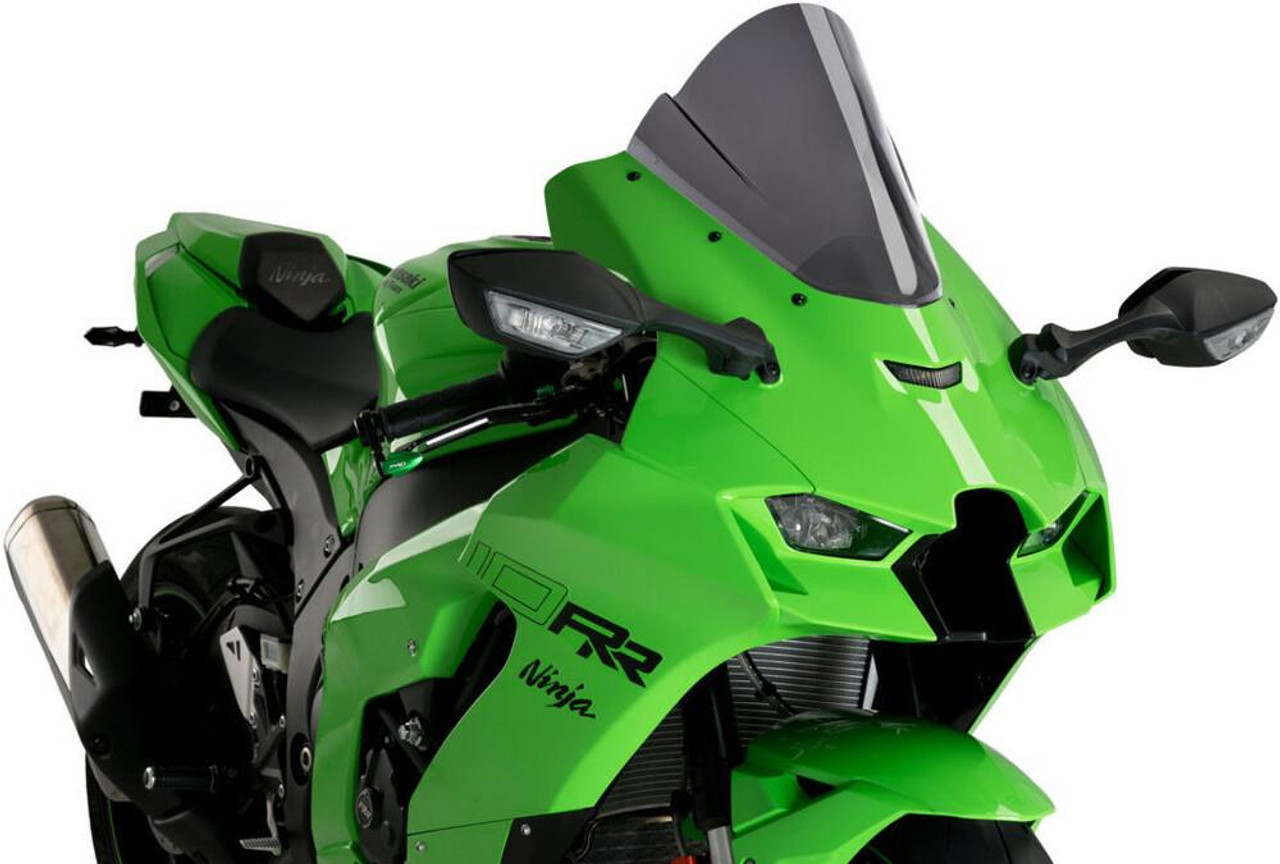 Puig Z Racing Dark Smoke Windscreen Kawasaki ZX-10R/ZX-10RR (21-25), green sport motorcycle with dark smoke windshield.