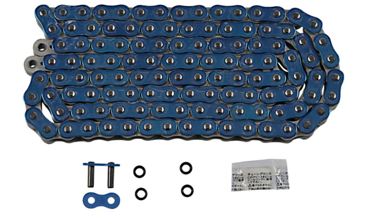 EK Chain 525 ZVX-3 X-Ring, blue and black motorcycle chain with links, master link, O-rings, and assembly parts.