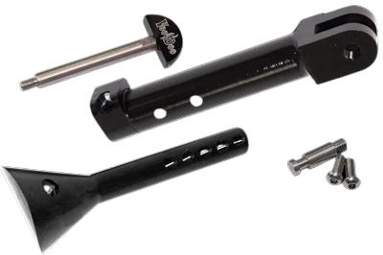 VooDoo Adjustable Kickstand Yamaha VMAX1700 (85-07), image showing the black metal kickstand with mounting hardware and an Allen wrench for installation.