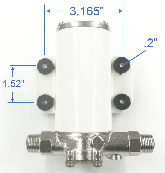 Schnitz Racing Schnitz Turbo Oil Scavenge Pump, close-up view showing measurements of 3.165 inches height, 1.52 inches width, and 0.2 inches pipe diameter, with metal and plastic components.