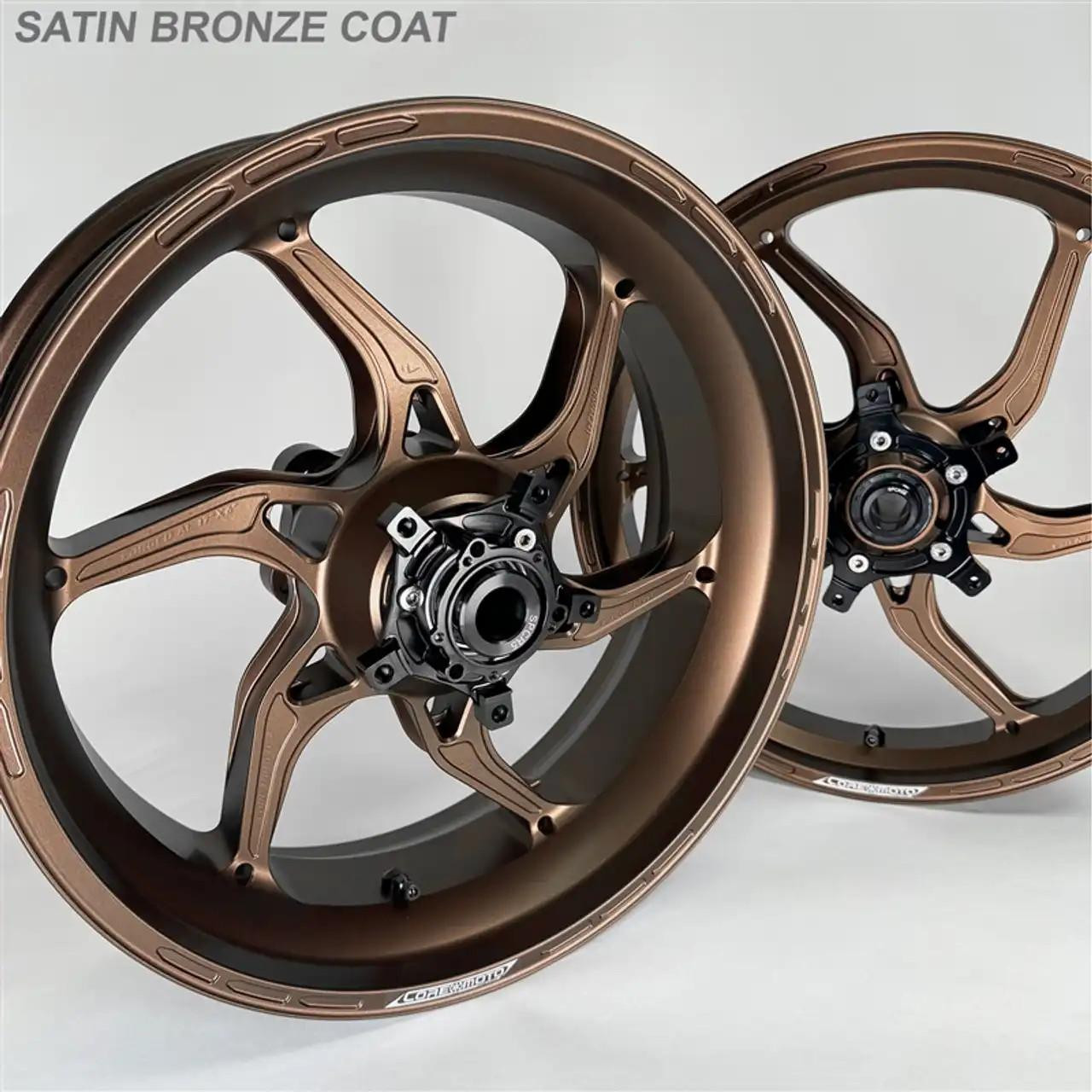 Coremoto Apex-6 Forged Aluminum Wheels Kawasaki ZX-10 (11-15), image of bronze-colored forged aluminum wheels with a sleek, modern design for Kawasaki ZX-10 motorcycle from 2011 to 2015.
