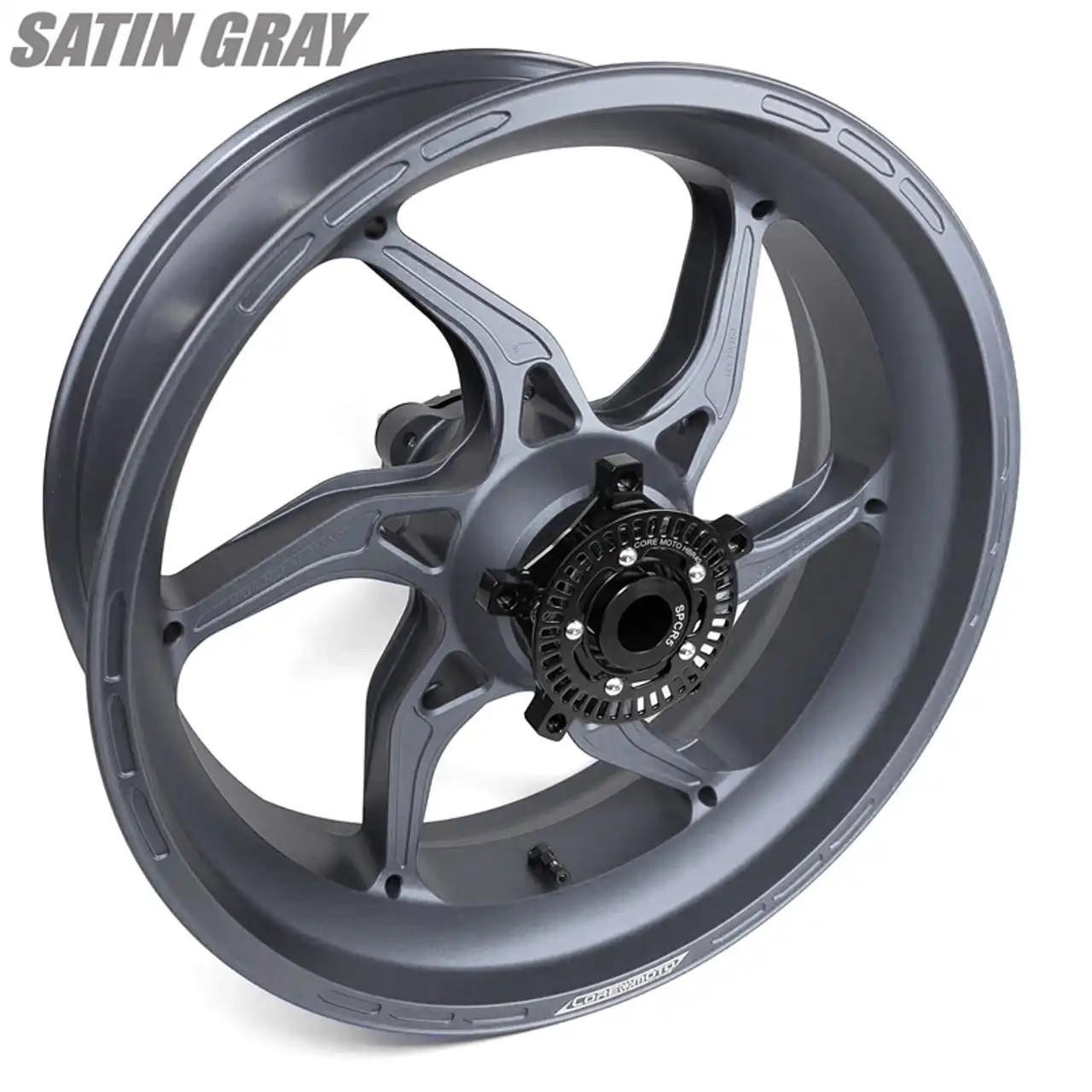 Coremoto Apex-6 Forged Aluminum Wheels Suzuki GSXR1000 (05-08), satin gray motorcycle wheel with a modern spoke design and black hub component.