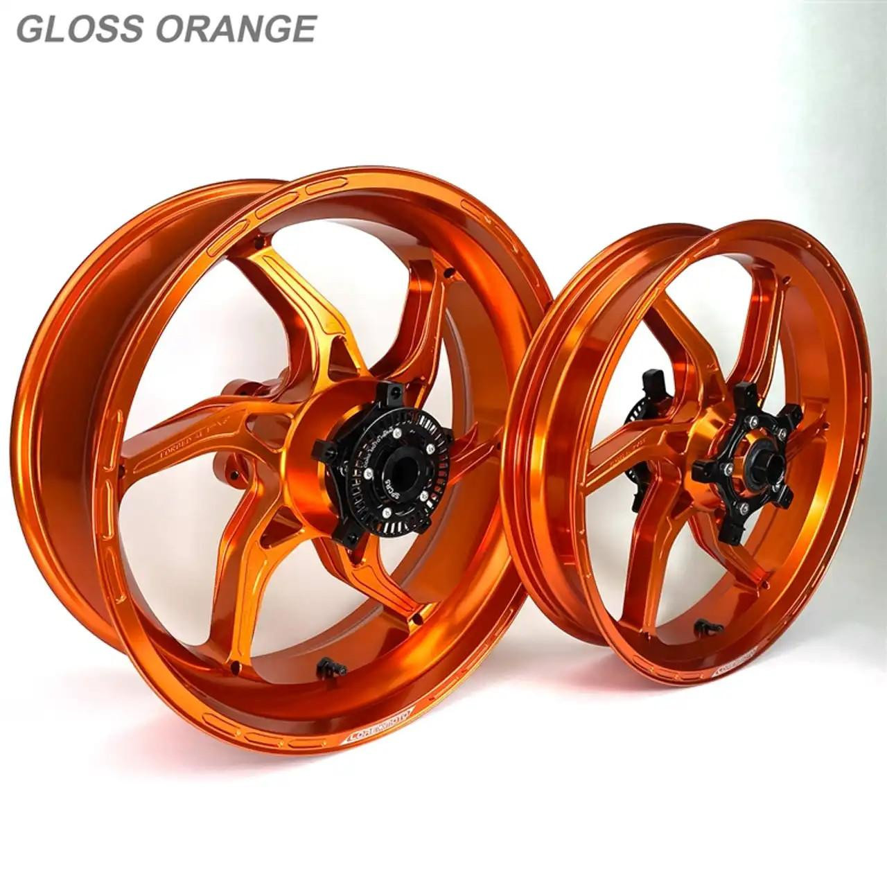 Coremoto Apex-6 Forged Aluminum Wheels Yamaha YZF-R1 (15-25), set of vibrant gloss orange motorcycle wheels with intricate spoke design.