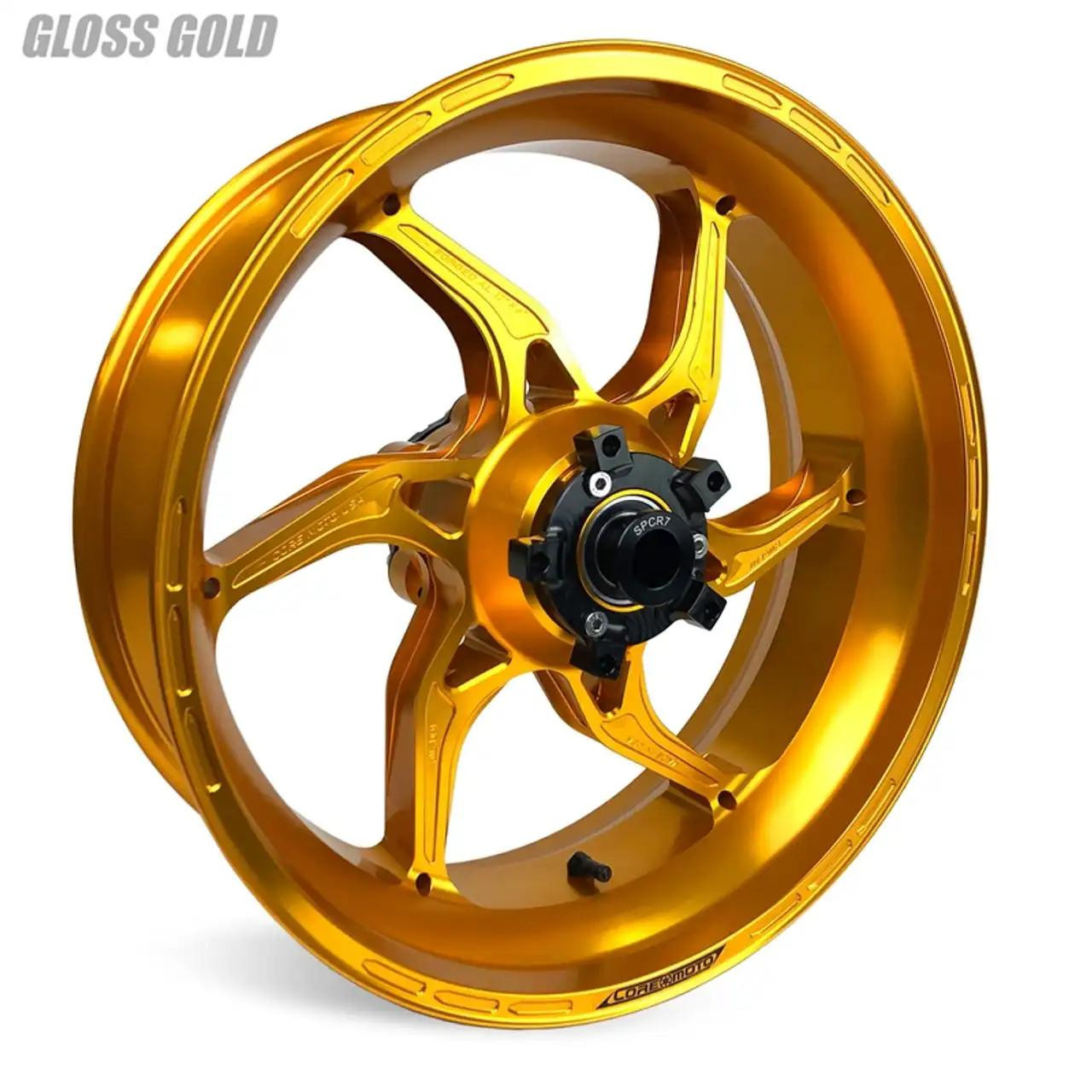 Coremoto Apex-6 Forged Aluminum Wheels Yamaha YZF-R1 (15-25), glossy gold motorcycle wheel with a modern design and black hub in a close-up view.