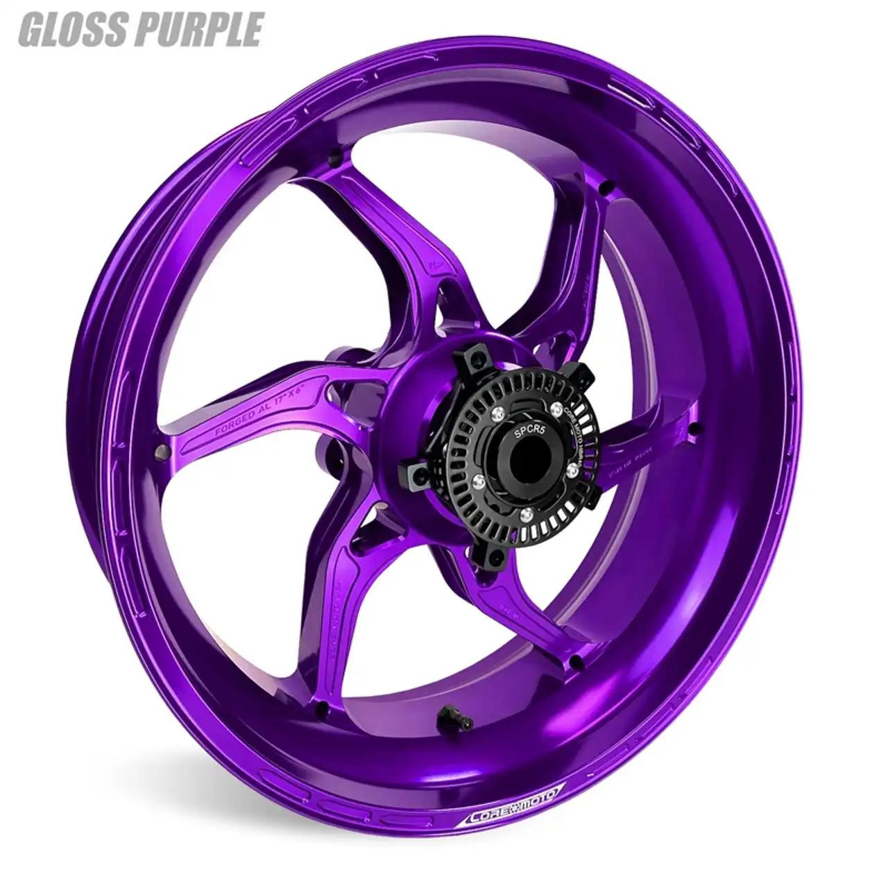 Coremoto Apex-6 Forged Aluminum Wheels Yamaha YZF-R1 (15-26), gloss purple motorcycle wheel with a forged aluminum construction and black hub, designed for high-performance Yamaha YZF-R1 models from 2015 to 2025.