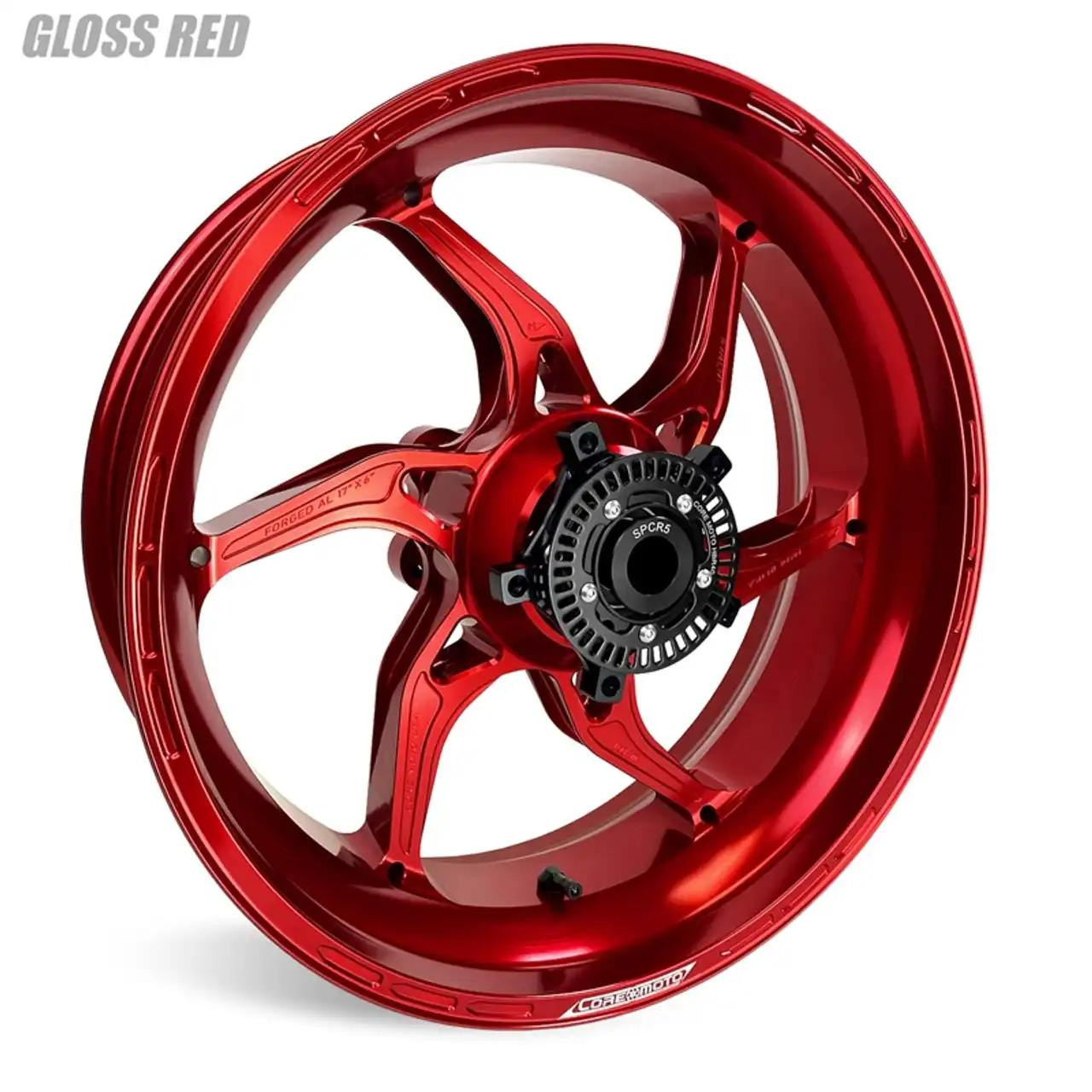 Coremoto Apex-6 Forged Aluminum Wheels Yamaha YZF-R1 (15-25), glossy red motorcycle wheel with five-spoke design and black hub
