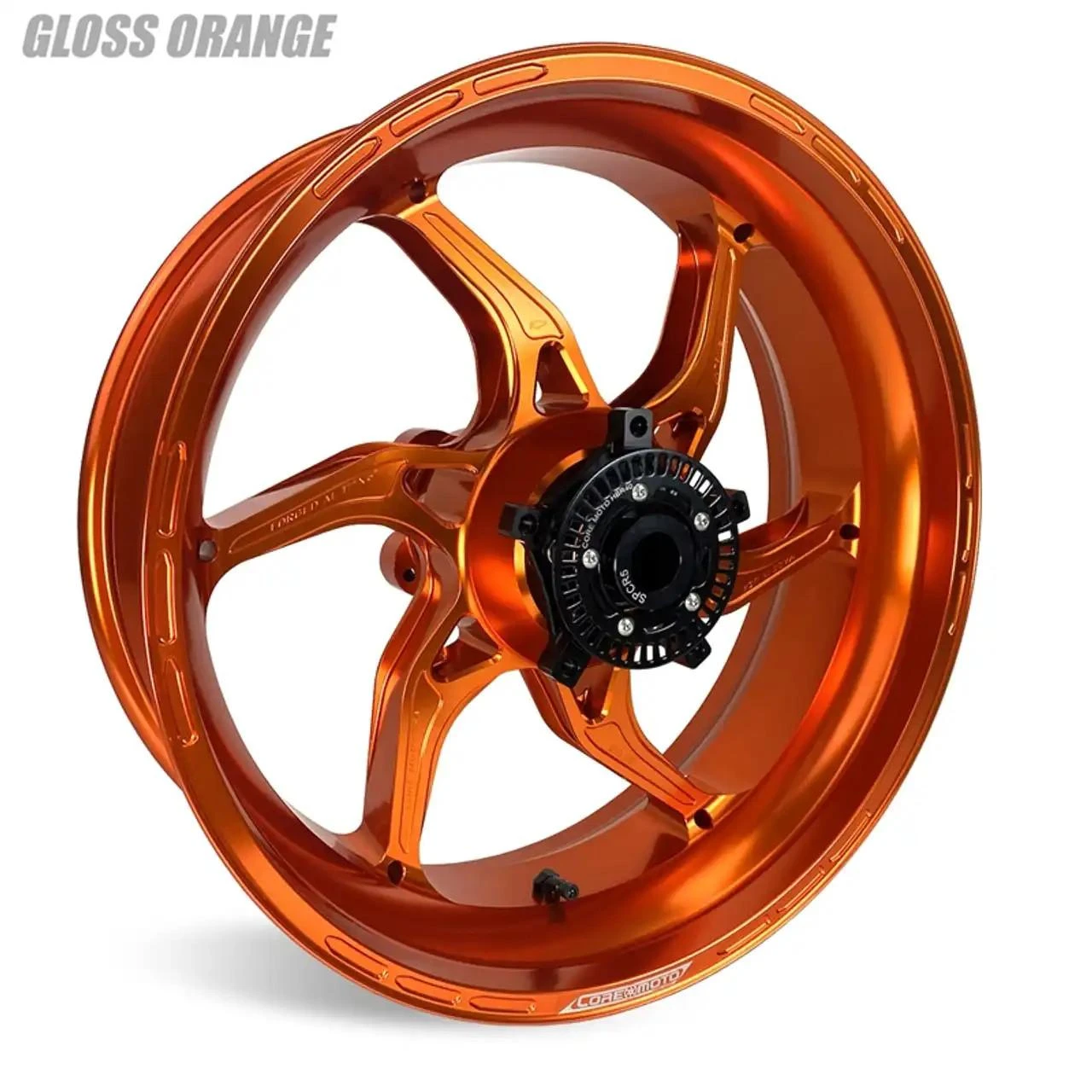 Coremoto Apex-6 Forged Aluminum Wheels Yamaha YZF-R1 (15-26), gloss orange motorcycle wheel with intricate spokes and black center hub.