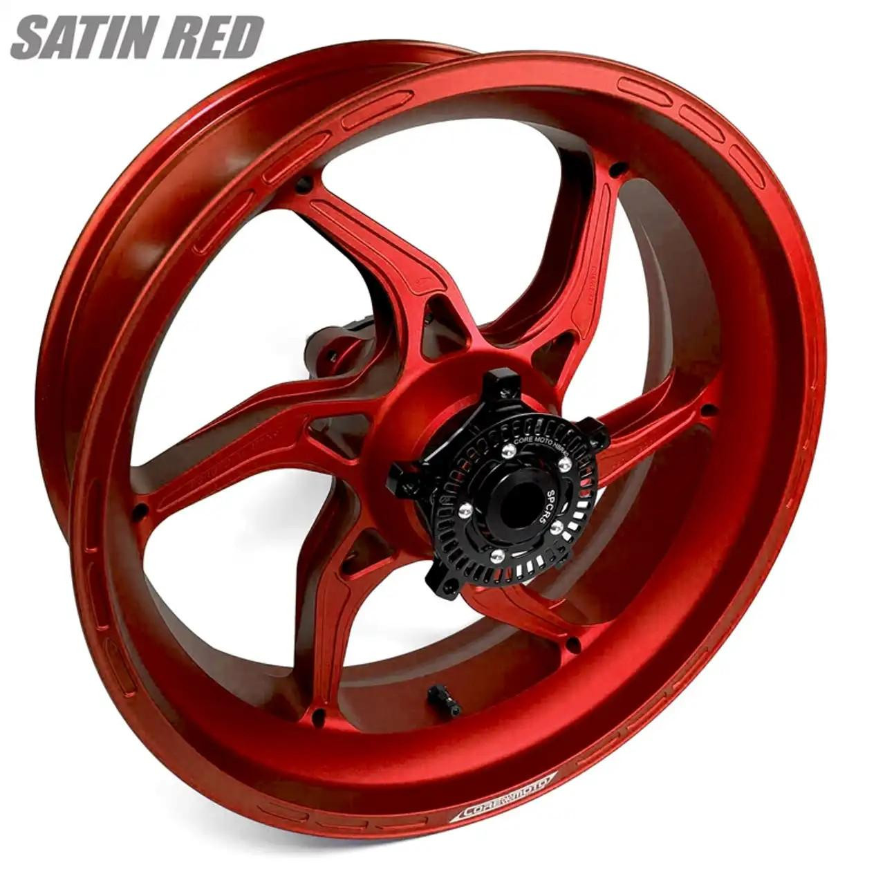 Coremoto Apex-6 Forged Aluminum Wheels Yamaha YZF-R1 (15-25), Satin Red motorcycle wheel with black hub and spokes.