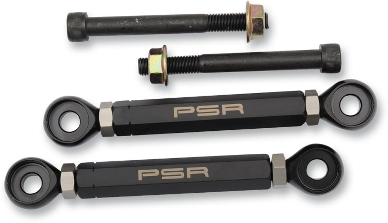 PSR Open Box PSR Adjustable Lowering Links for Suzuki, Kawasaki, Yamaha motorcycles, black and silver finished motorcycle lowering links with mounting hardware. PSR Open Box PSR Adjustable Lowering Links for Suzuki, Kawasaki, Yamaha motorcycles, black and silver finished motorcycle lowering links with mounting hardware.