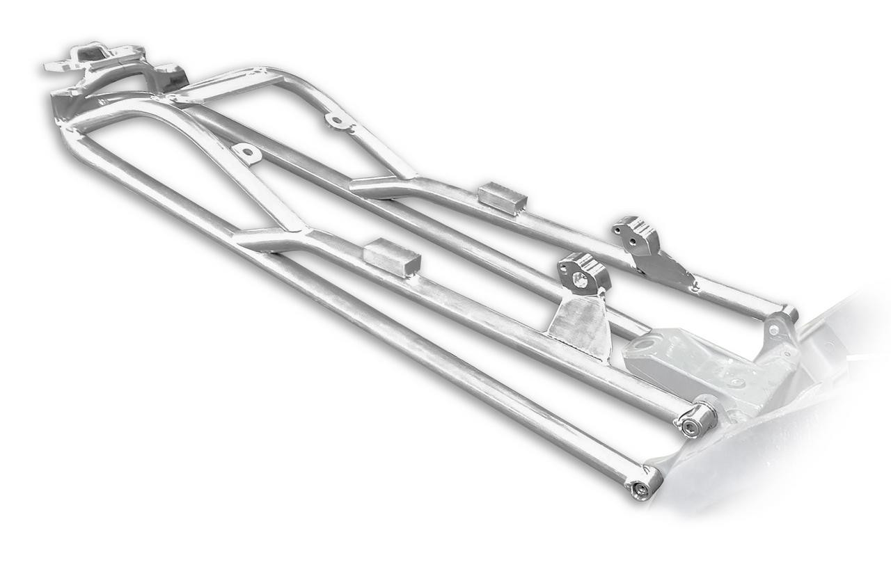 DME Stock Replacement Aluminum Subframe Suzuki GSXR1000 (05-08), close-up of the shiny aluminum motorcycle subframe with mounting points