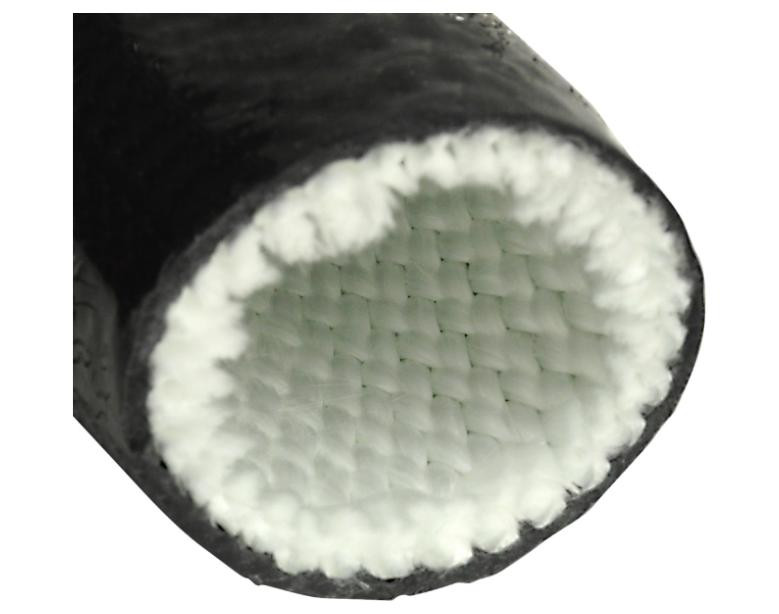 Product Design Engineering, Inc Fire Sleeve and Tape Kit, close-up of a heat-resistant black fire sleeve with white insulating woven material inside designed for fire protection and insulation.