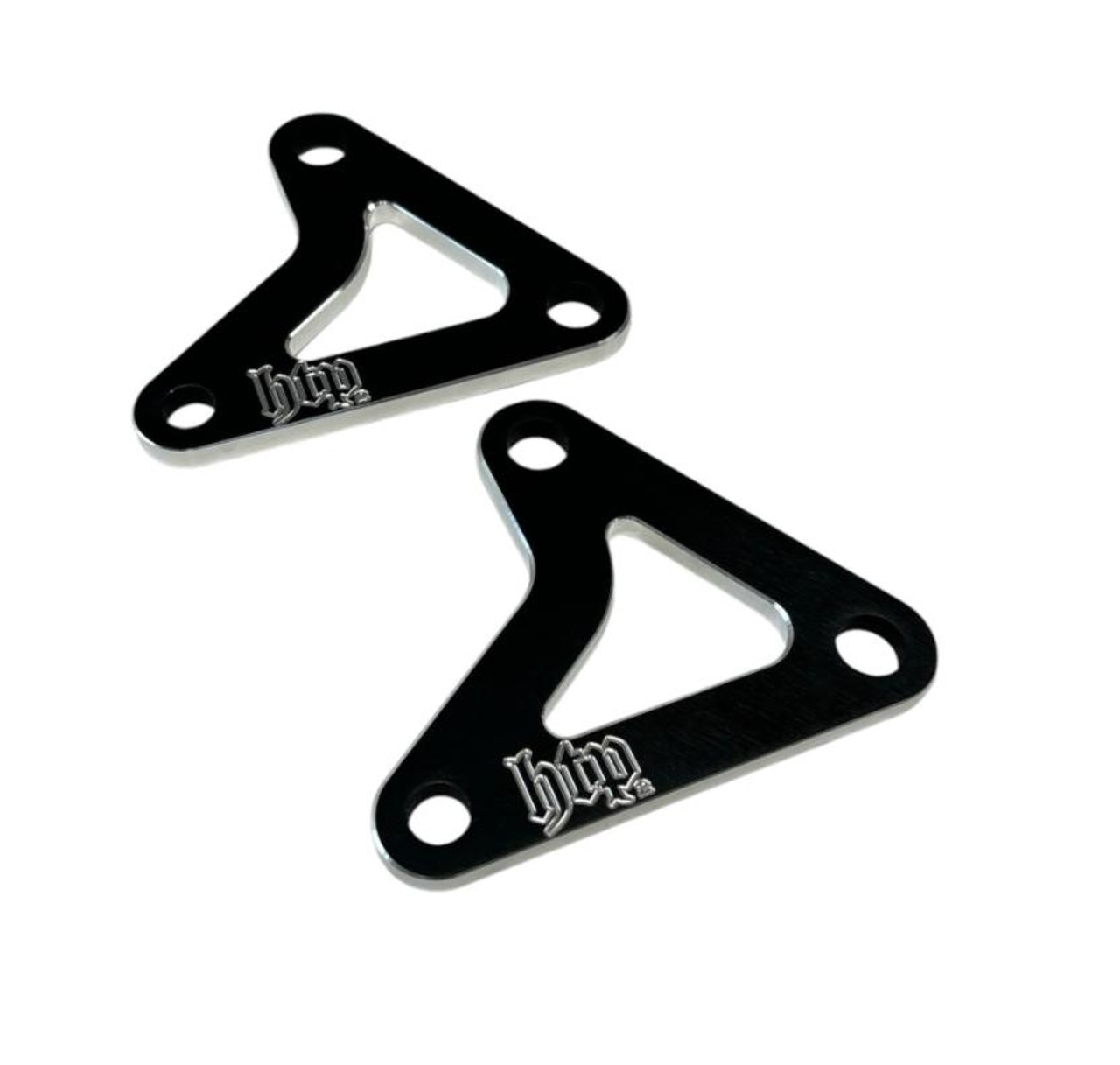 HTP Performance HTP Lowering Link Triangles Suzuki GSXR1000 (17-25), black metal motorcycle lowering link triangles with branding logo.