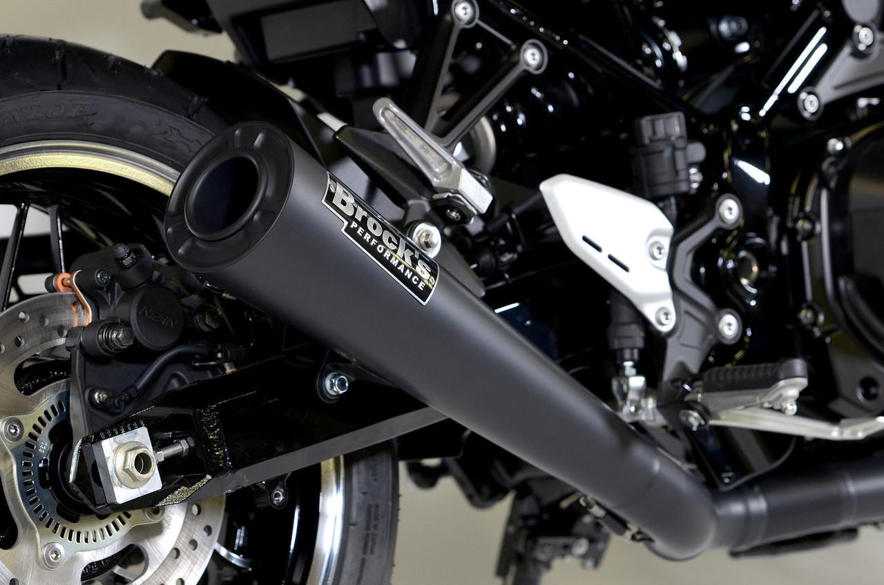Brocks Performance Brocks StreetMeg Full Exhaust 20" Muffler Black Kawasaki Z900RS/Cafe (18-25), close-up view of black motorcycle exhaust muffler with Bros Performance logo, mounted on black motorcycle frame.