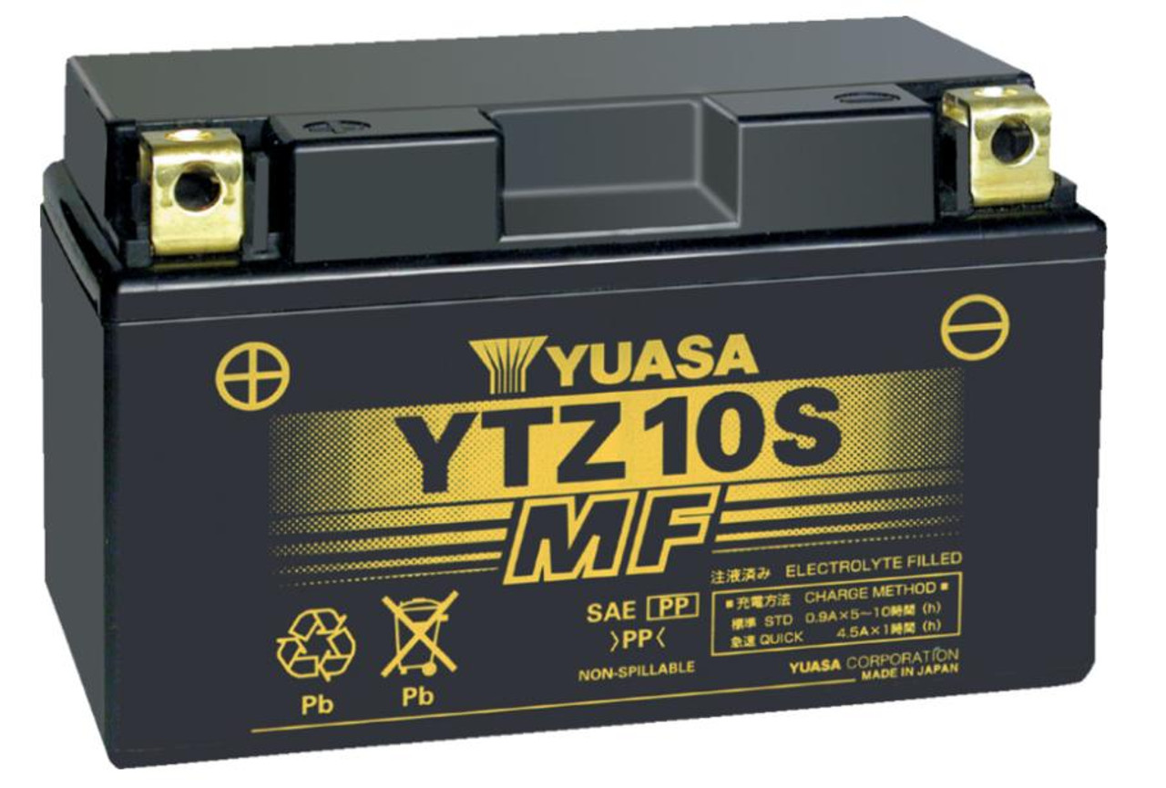Yuasa YTZ10S Battery, motorcycle battery for Suzuki GSXR1000 (05-25) with black casing and yellow labeling, designed for high performance and durability.