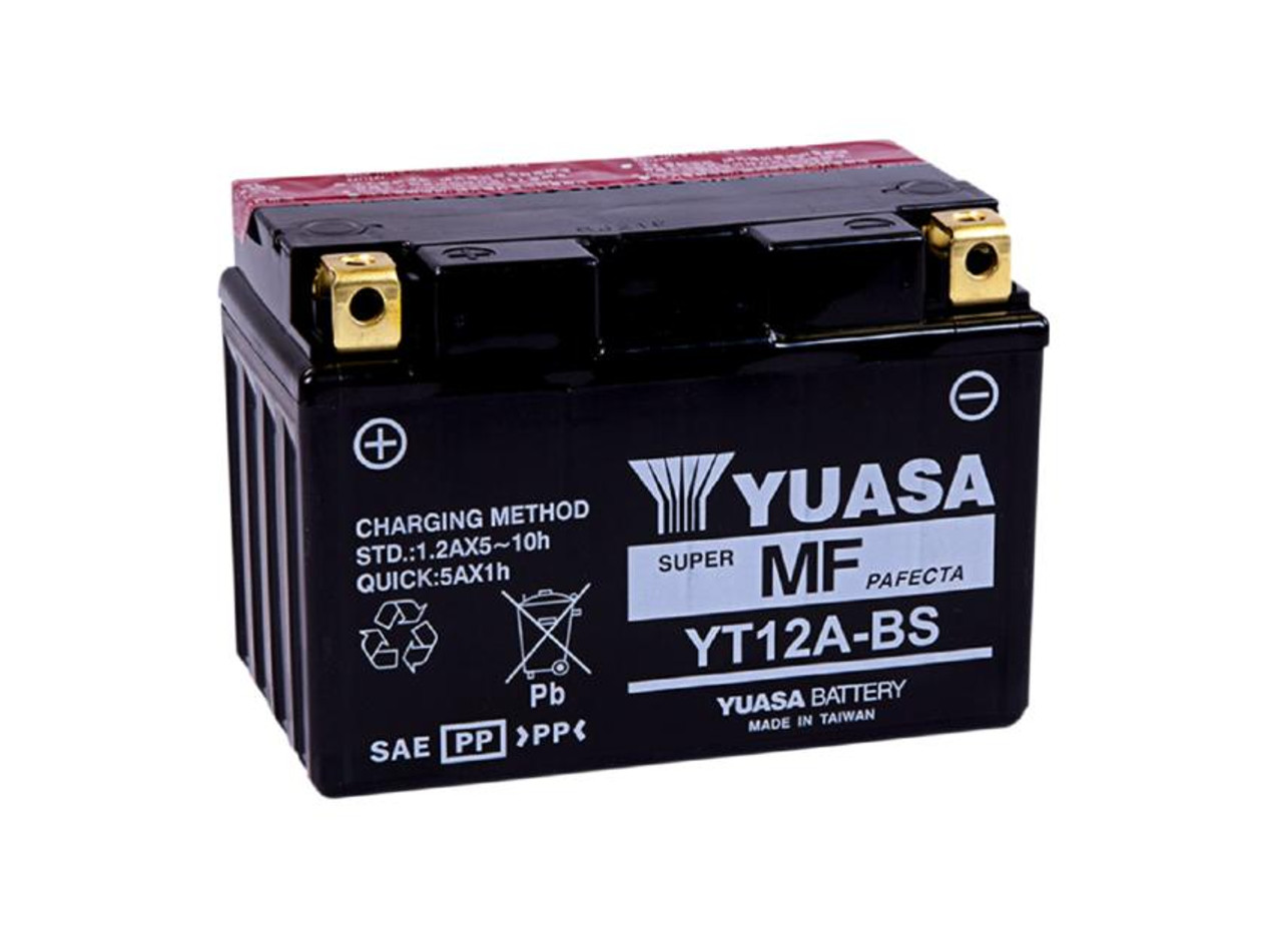 Yuasa YT12A-BS Battery, motorcycle battery for Suzuki Hayabusa (99-07), compact black lead-acid battery with gold terminals.