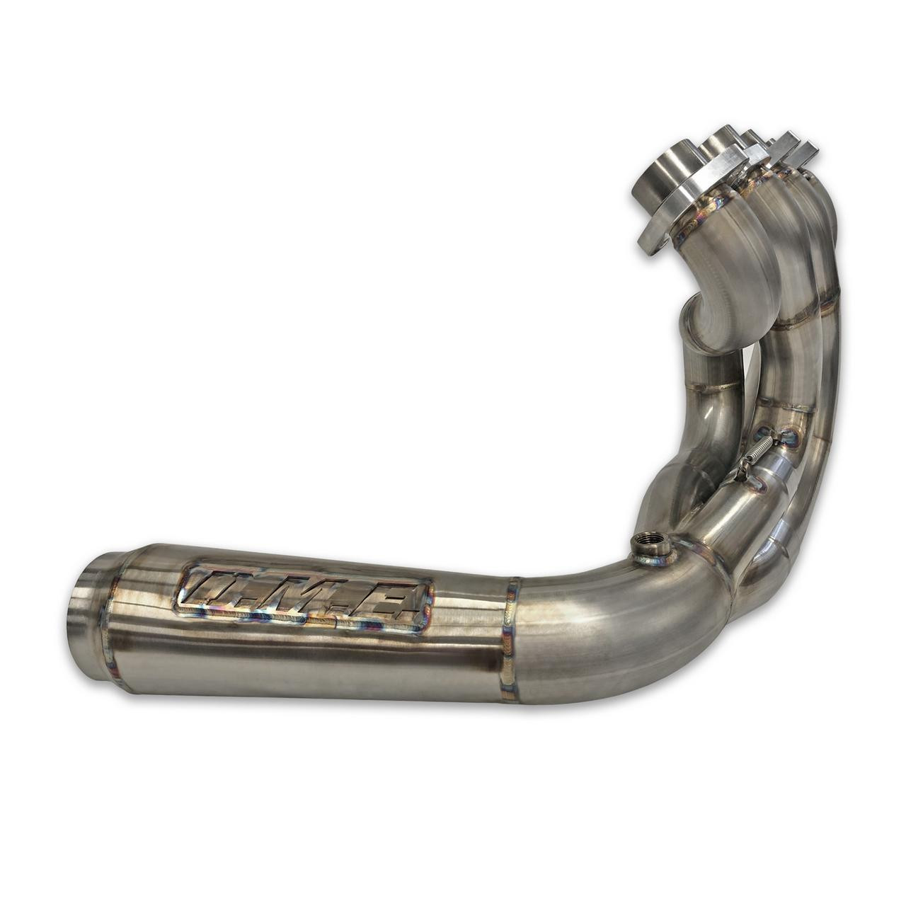 DME Mark1 Sidewinder Exhaust System, stainless steel motorcycle exhaust pipe with welded joints and branded logo.