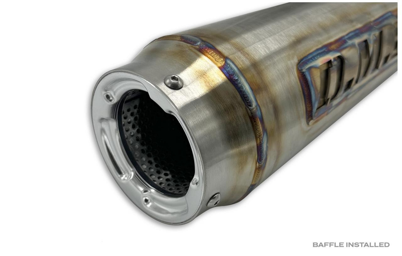 DME Mark1 Sidewinder Exhaust System, front view of the high-performance motorcycle exhaust with a titanium finish and detailed welds.