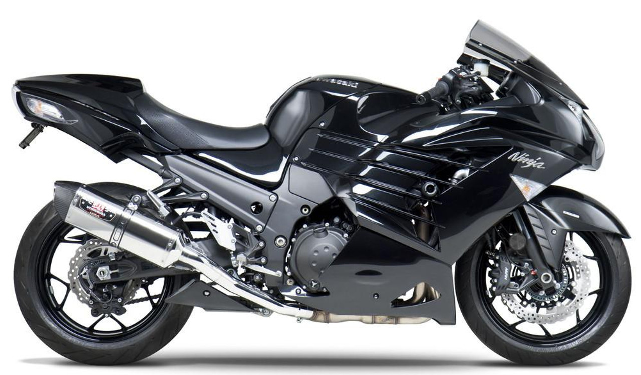 Yoshimura R-77 Slip On Exhaust Kawasaki ZX14R (12-26), motorcycle exhaust system on a black sport Kawasaki ZX14R motorcycle.