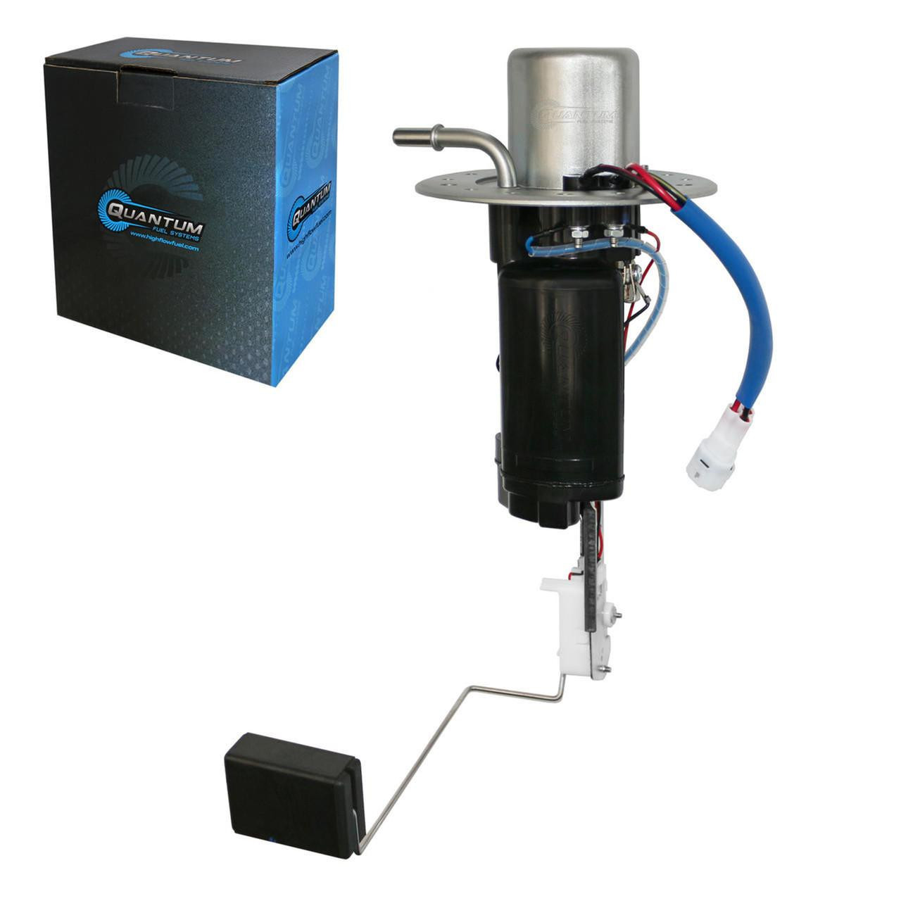 Quantum Fuel Systems Quantum Direct OEM Replacement Fuel Pump for Suzuki Hayabusa (2008-2012), image showing the fuel pump assembly with wiring and packaging box.