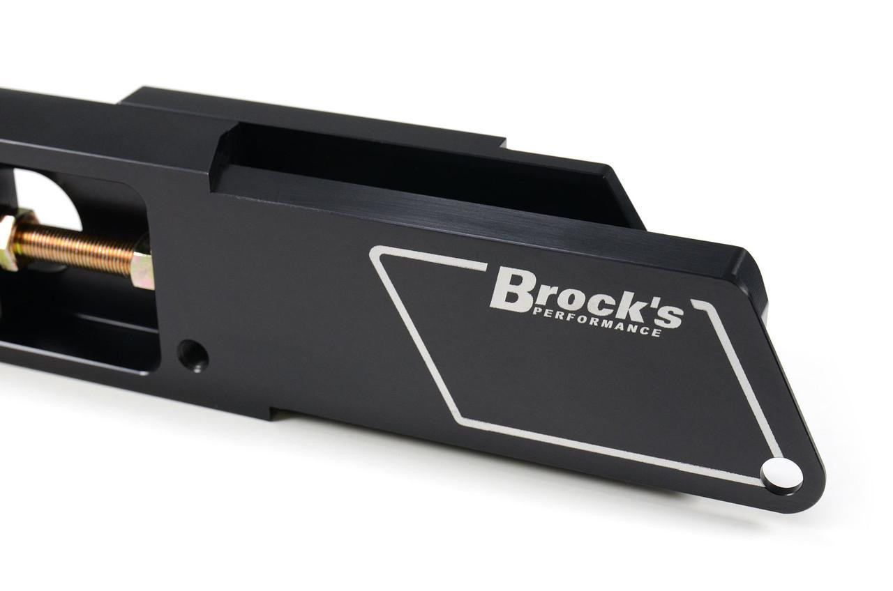 Brocks Performance Brocks Bolt-On Swingarm Extensions for BMW S1000RR (20-25), black anodized aluminum motorcycle part with branding.
