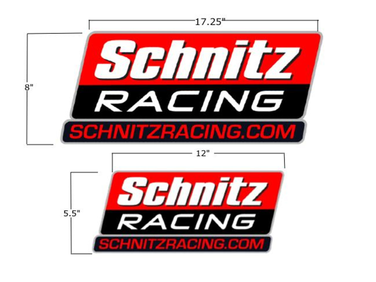 Schnitz Racing Trailer Decal Kit, enlarged and smaller decal designs with red, black, and white color theme for racing vehicles and trailer decoration.