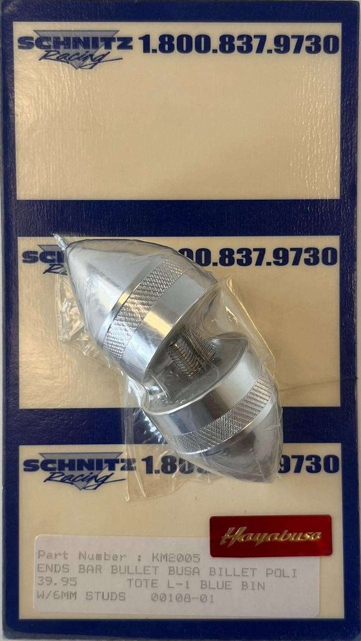 Schnitz Racing Polished Bar Ends Suzuki Hayabusa (99-07), motorcycle handlebar end caps in a clear plastic bag with product label and packaging.