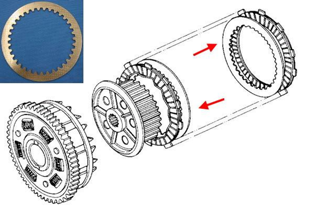 Kawasaki OEM Clutch Steel KZ900-KZ1000, detailed technical diagram with exploded views of clutch components.