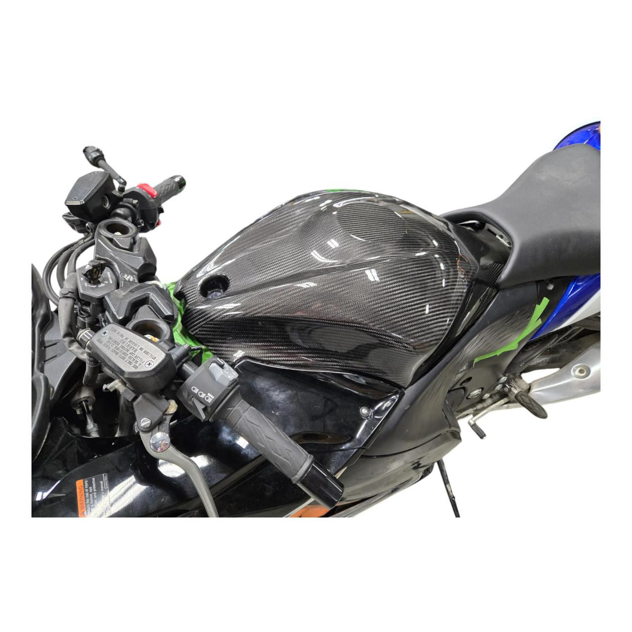 Montgomery Motorsports Carbon Fiber Low Profile Fuel Tank Shell Suzuki Hayabusa, sleek black carbon fiber motorcycle fuel tank shell with glossy finish for Suzuki Hayabusa models from 2022 to 2025