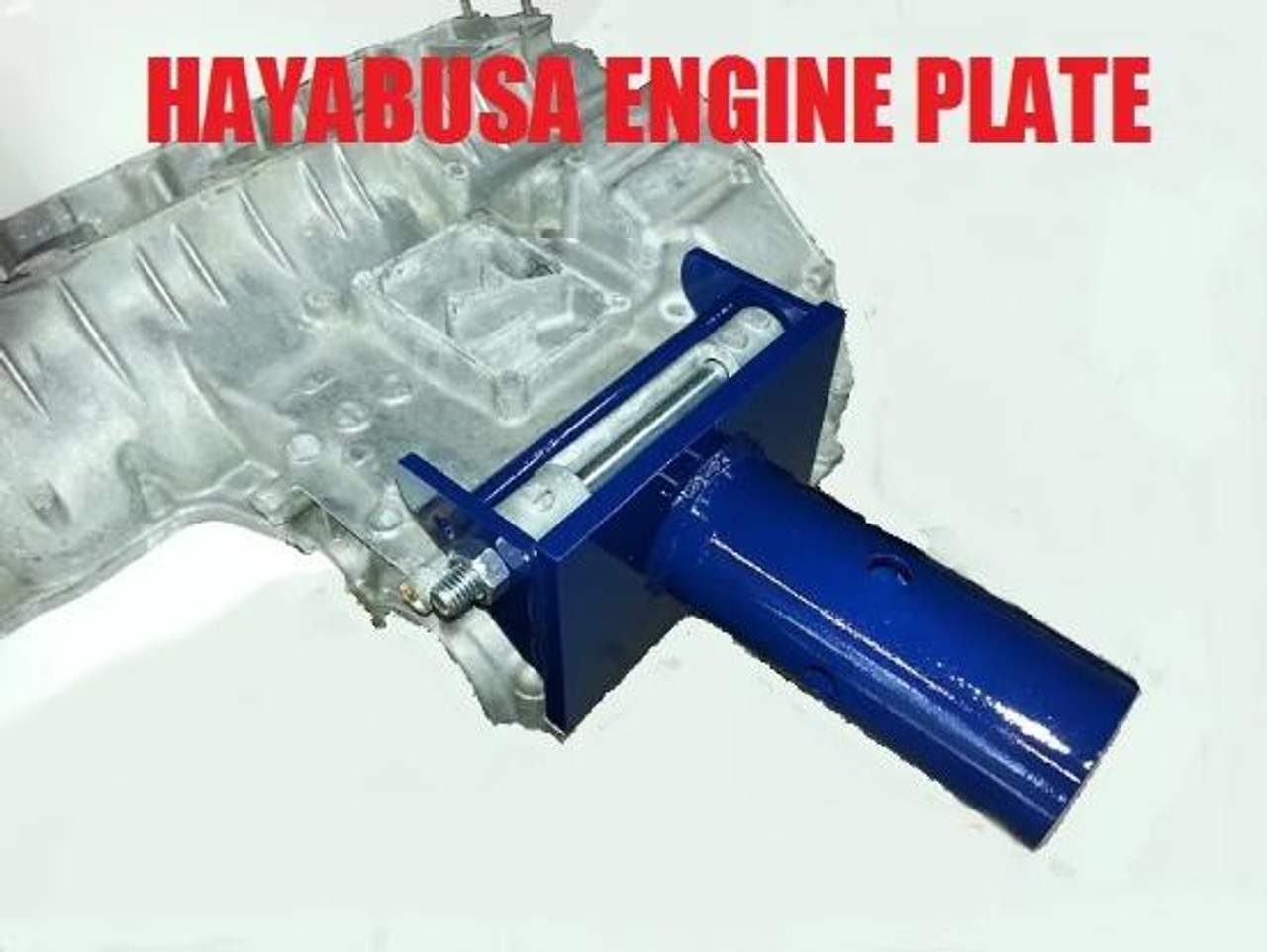 Schnitz Racing Engine Support Bracket Suzuki Hayabusa (99-25), blue engine support bracket attached to a metallic engine plate.