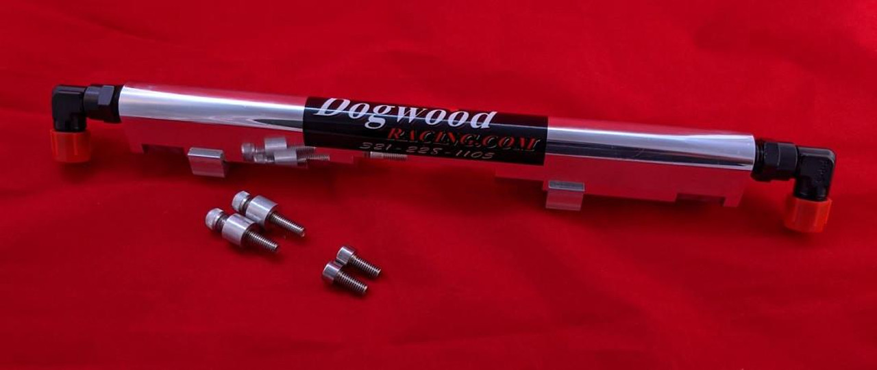 Dogwood Racing Fuel Rail Kawasaki ZX-14 (06-25), modern motorcycle fuel rail with mounting hardware on red background.