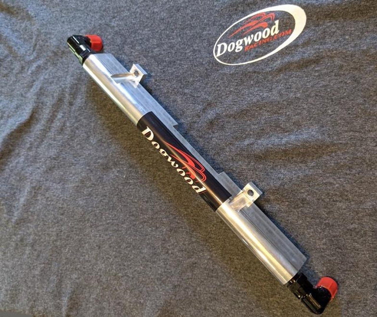 Dogwood Racing Fuel Rail Kawasaki ZX-14 (06-25), motorcycle fuel rail with black and red branding on a dark surface.