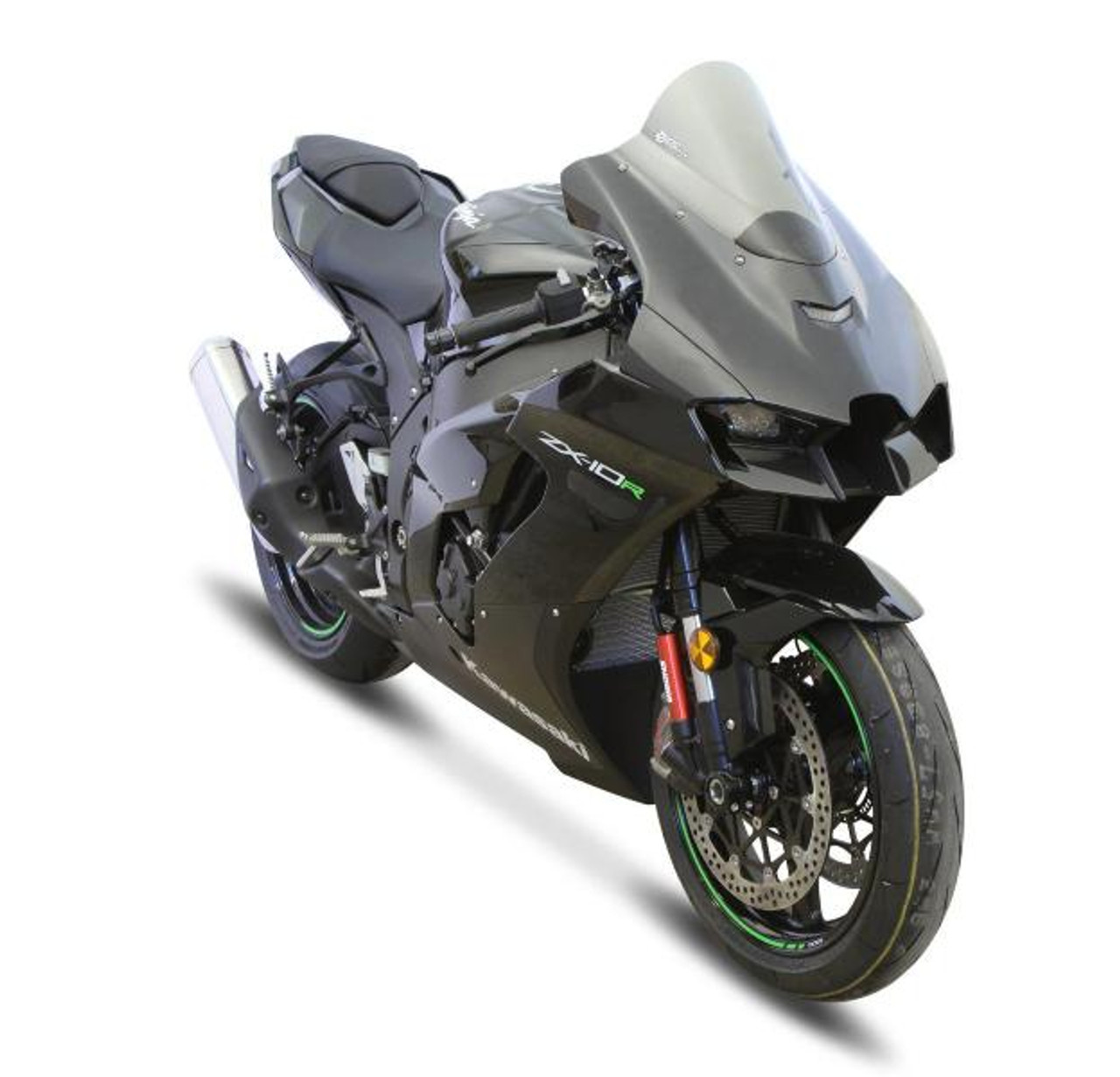 Zero Gravity Double Bubble Windscreen Kawasaki ZX-10R (21-25), motorcycle with a tinted double bubble windscreen installed on a black Kawasaki ZX-10R sportbike. Zero Gravity Double Bubble Windscreen Kawasaki ZX-10R (21-25), motorcycle with a tinted double bubble windscreen installed on a black Kawasaki ZX-10R sportbike.