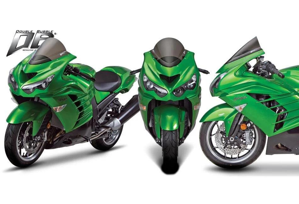 Zero Gravity Double Bubble Windscreen Kawasaki ZX-14R (06-25), front and side views of the green motorcycle with the windscreen installed.