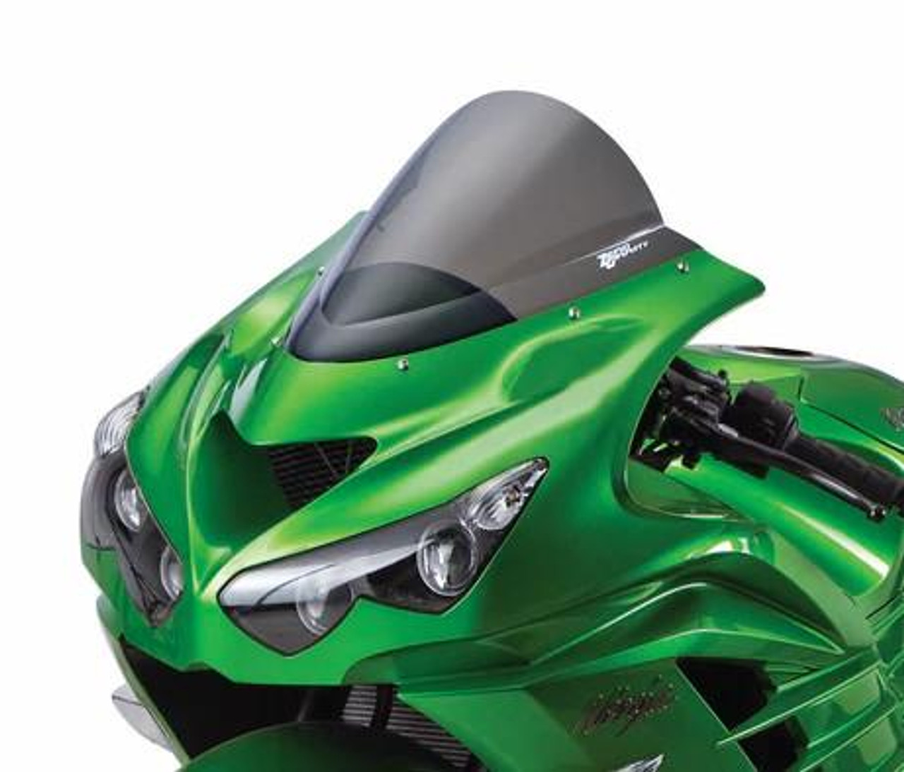 Zero Gravity Double Bubble Windscreen Kawasaki ZX-14R (06-26), front view of the green motorcycle with the windscreen installed. Zero Gravity Double Bubble Windscreen Kawasaki ZX-14R (06-26), front view of the green motorcycle with the windscreen installed.