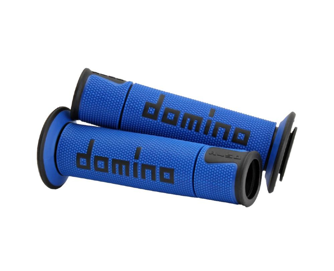 Domino Racing A450 Racing Grips, blue motorcycle handlebar grips with textured rubber surface and black logo.