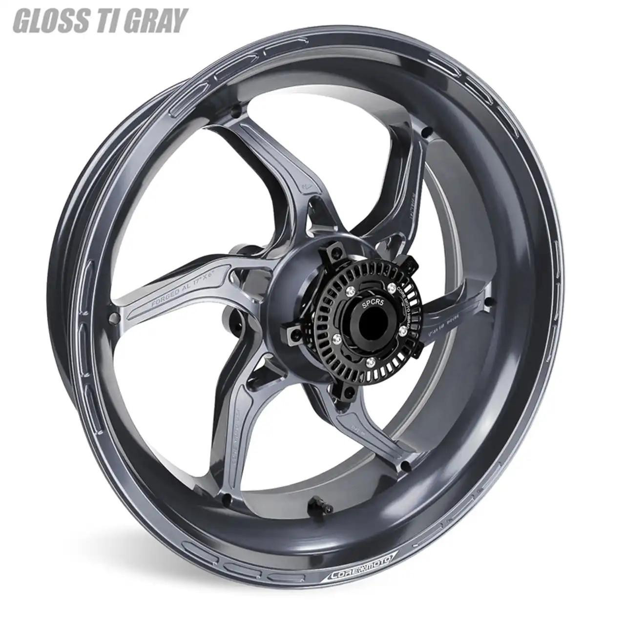 Coremoto Apex-6 Forged Aluminum Wheels Honda CBR600RR (07-24), close-up of a high-performance motorcycle wheel with a sleek gray finish and intricate hub design.