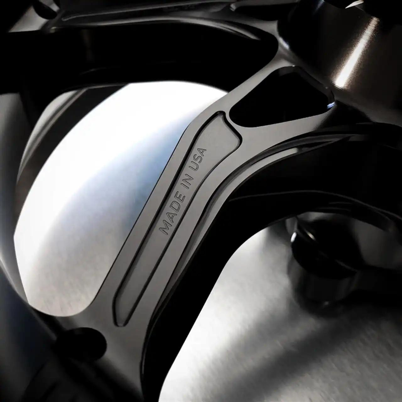 Coremoto Apex-6 Forged Aluminum Wheels Honda CBR600RR (07-24), close-up of the lightweight silver and black forged aluminum motorcycle wheel with 'Made in USA' engraved.