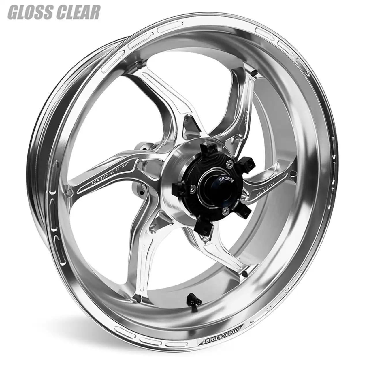 Coremoto Apex-6 Forged Aluminum Wheels Suzuki GSXR600/750 (11-26), image showing a shiny, metallic forged aluminum motorcycle wheel with a sleek, modern design suitable for Suzuki GSXR600/750 models from 2011 to 2025.