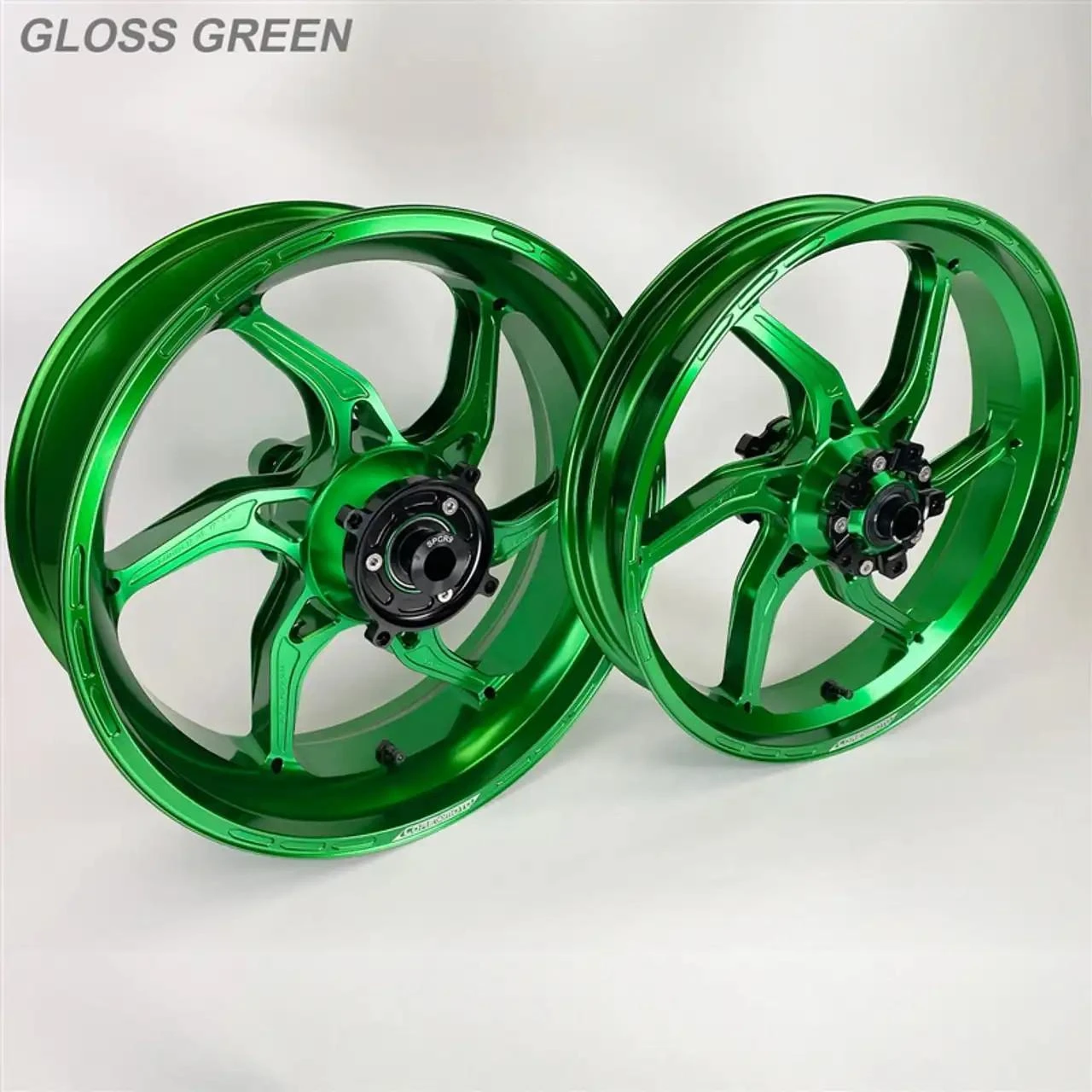 Coremoto Apex-6 Forged Aluminum Wheels Suzuki GSXR600/750 (11-26), vibrant gloss green motorcycle wheels with a modern, lightweight design.