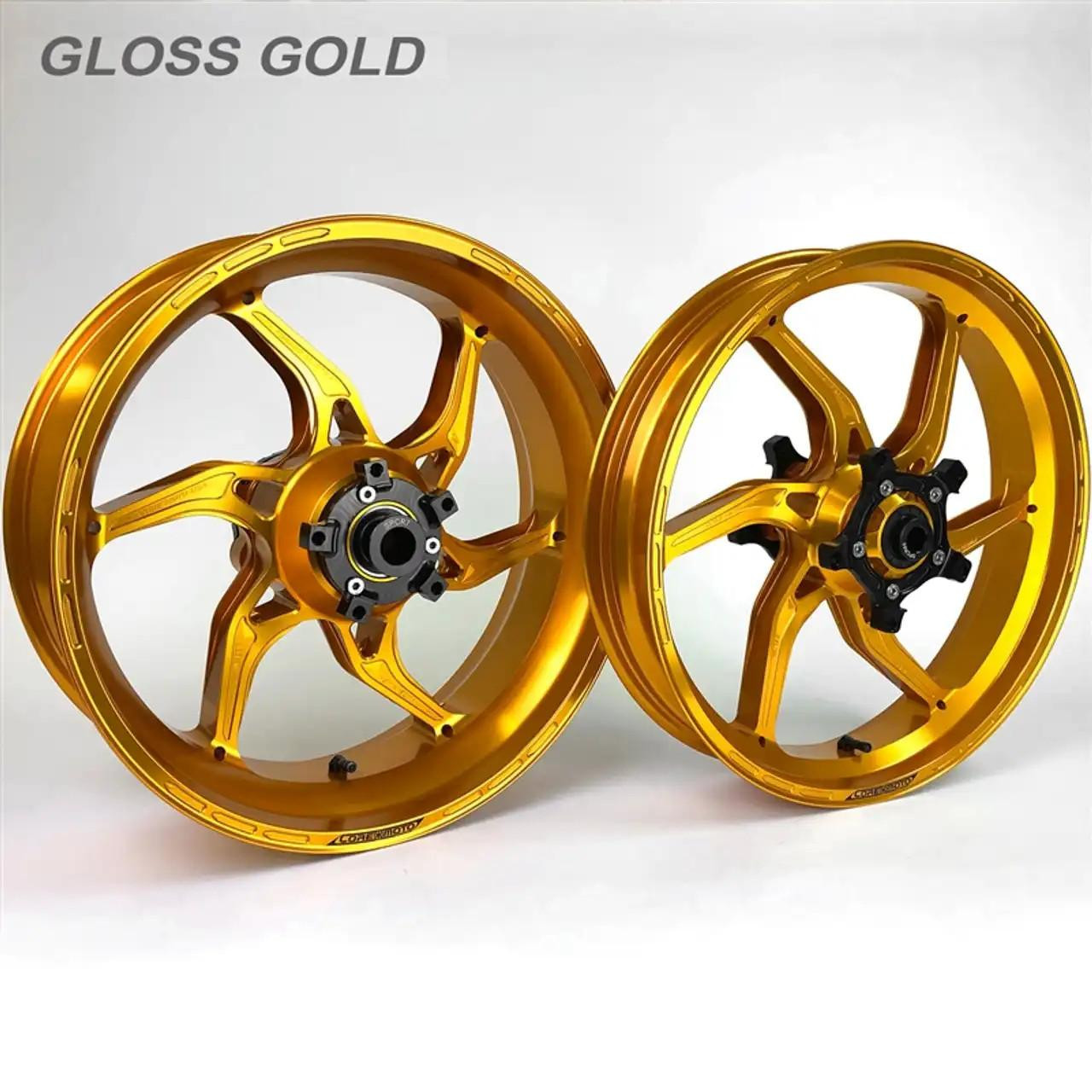 Coremoto Apex-6 Forged Aluminum Wheels Suzuki GSXR600/750 (11-26), glossy gold motorcycle wheels with five-spoke design and black center hubs.